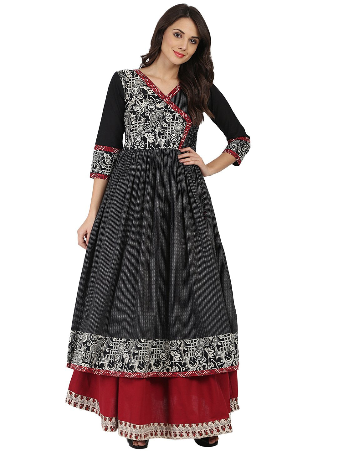 Black Printed 3/4Th Sleeve Cotton Angrakha Style Kurta | LASVINI - Redefining Indian Fashion with Elegance