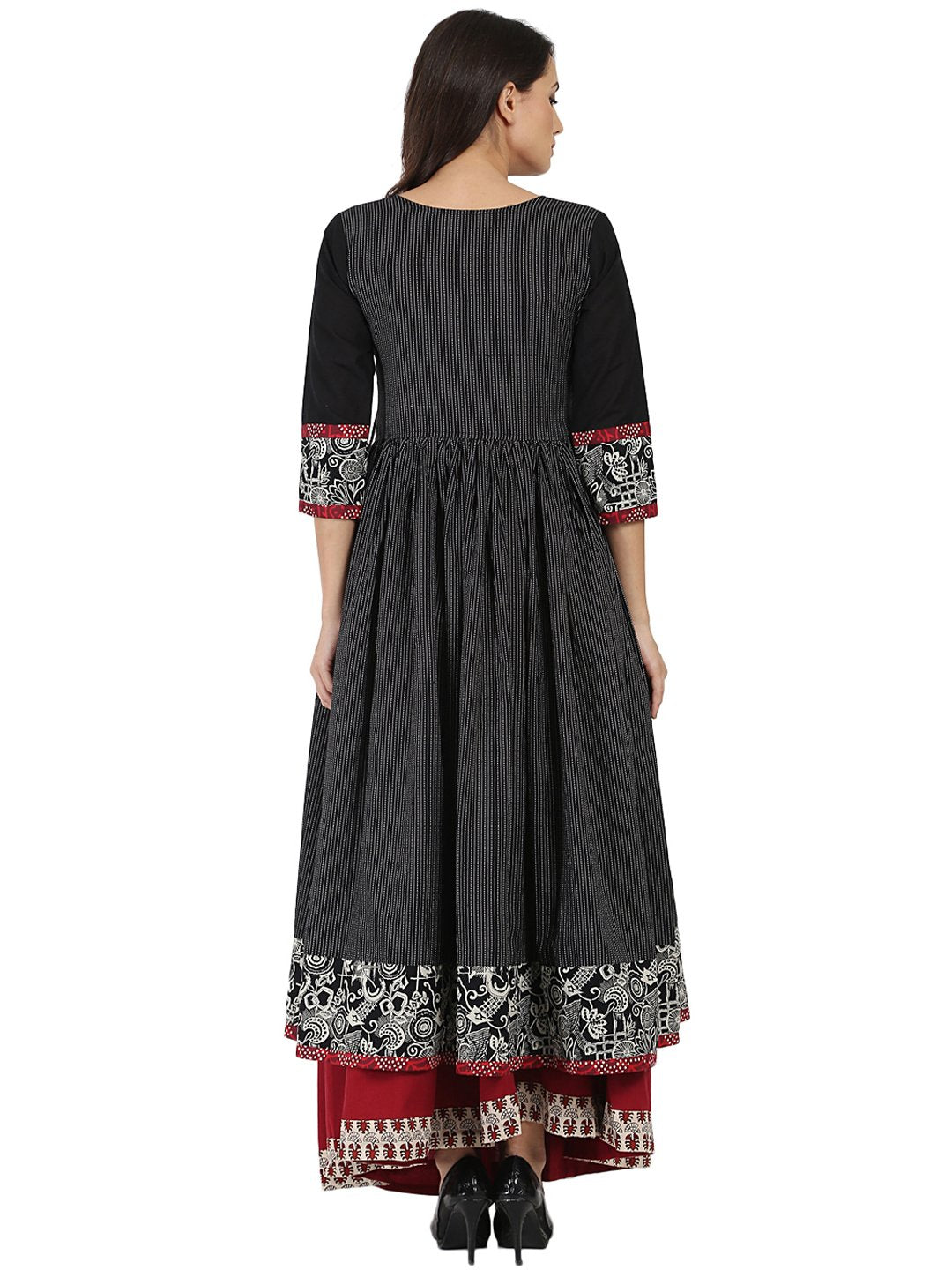 Black Printed 3/4Th Sleeve Cotton Angrakha Style Kurta | LASVINI - Redefining Indian Fashion with Elegance