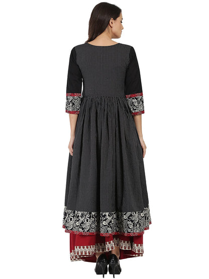 Black Printed 3/4Th Sleeve Cotton Angrakha Style Kurta | LASVINI - Redefining Indian Fashion with Elegance