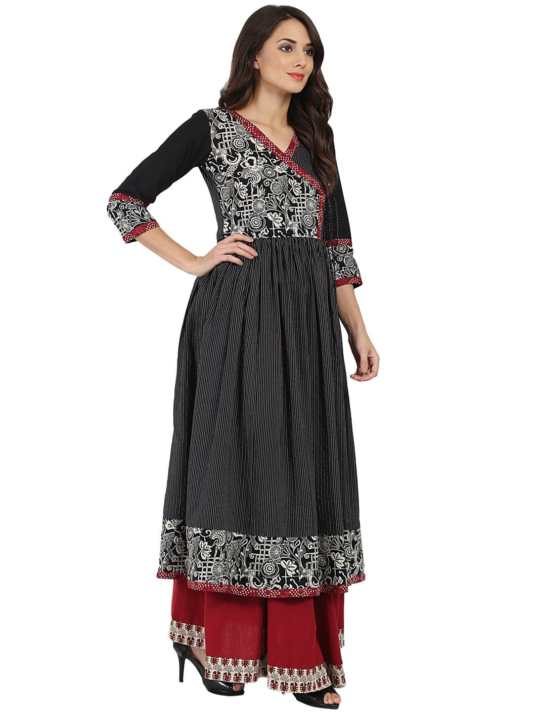 Black Printed 3/4Th Sleeve Cotton Angrakha Style Kurta | LASVINI - Redefining Indian Fashion with Elegance