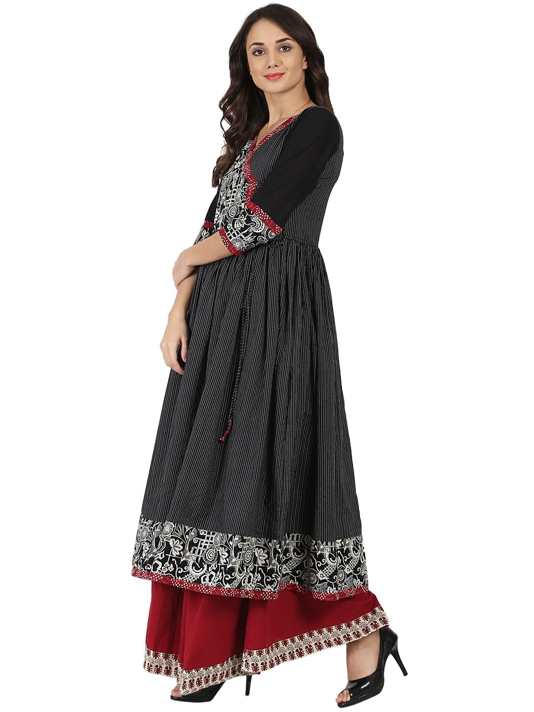 Black Printed 3/4Th Sleeve Cotton Angrakha Style Kurta | LASVINI - Redefining Indian Fashion with Elegance