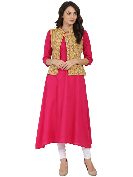 Pink 3/4Th Sleeve Cotton A-Line Kurta With Yellow Printed Jacket | LASVINI - Redefining Indian Fashion with Elegance