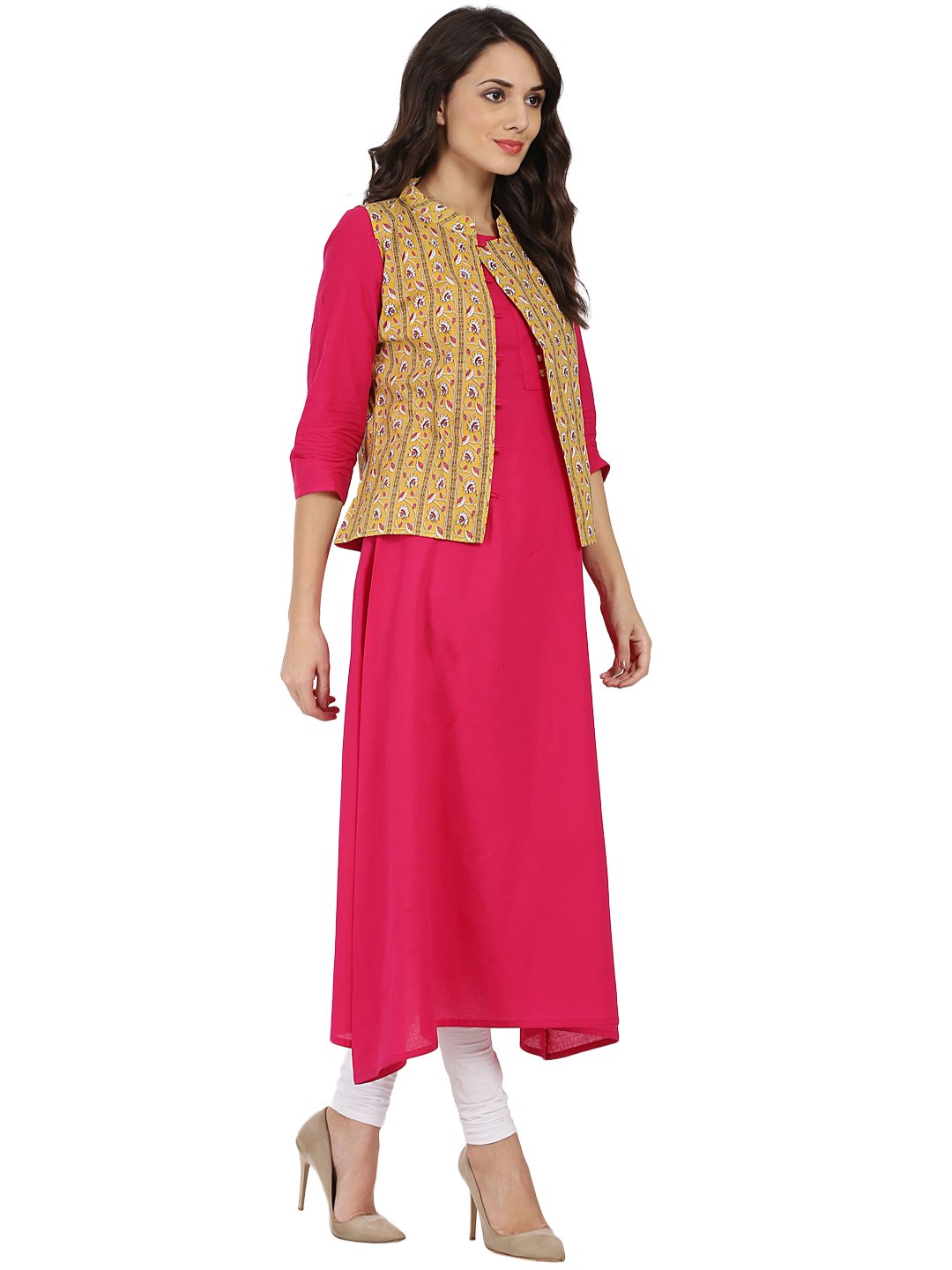 Pink 3/4Th Sleeve Cotton A-Line Kurta With Yellow Printed Jacket | LASVINI - Redefining Indian Fashion with Elegance