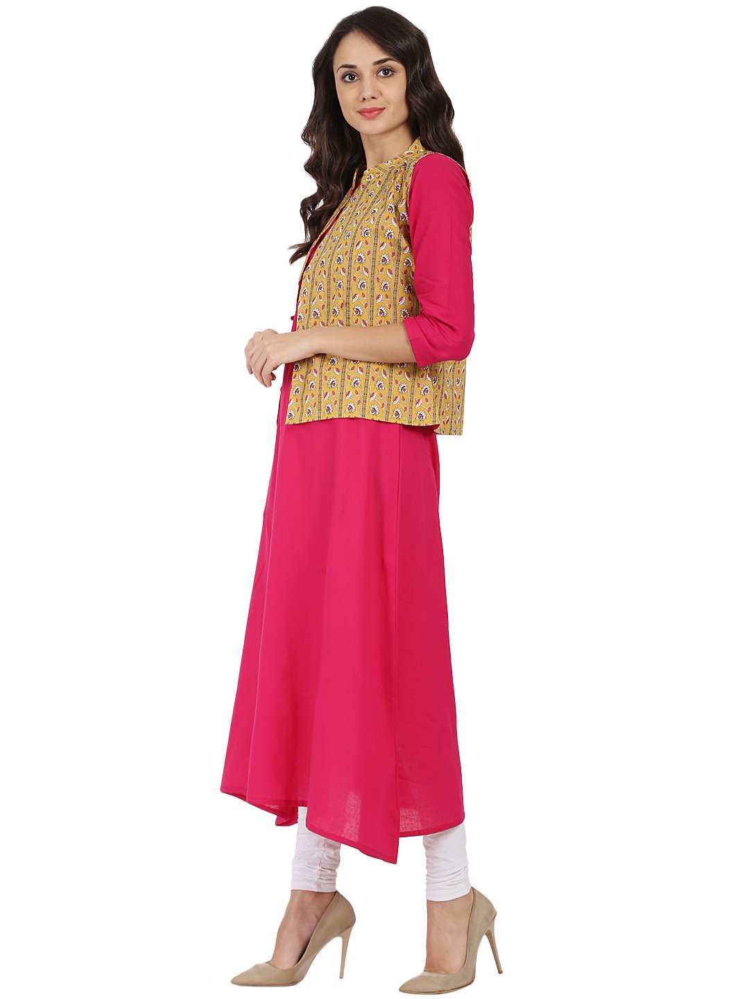 Pink 3/4Th Sleeve Cotton A-Line Kurta With Yellow Printed Jacket | LASVINI - Redefining Indian Fashion with Elegance