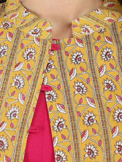 Pink 3/4Th Sleeve Cotton A-Line Kurta With Yellow Printed Jacket | LASVINI - Redefining Indian Fashion with Elegance