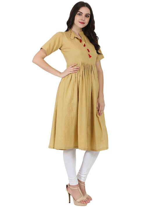 Beige Half Sleeve Cotton Anarkali Kurta | LASVINI - Redefining Indian Fashion with Elegance
