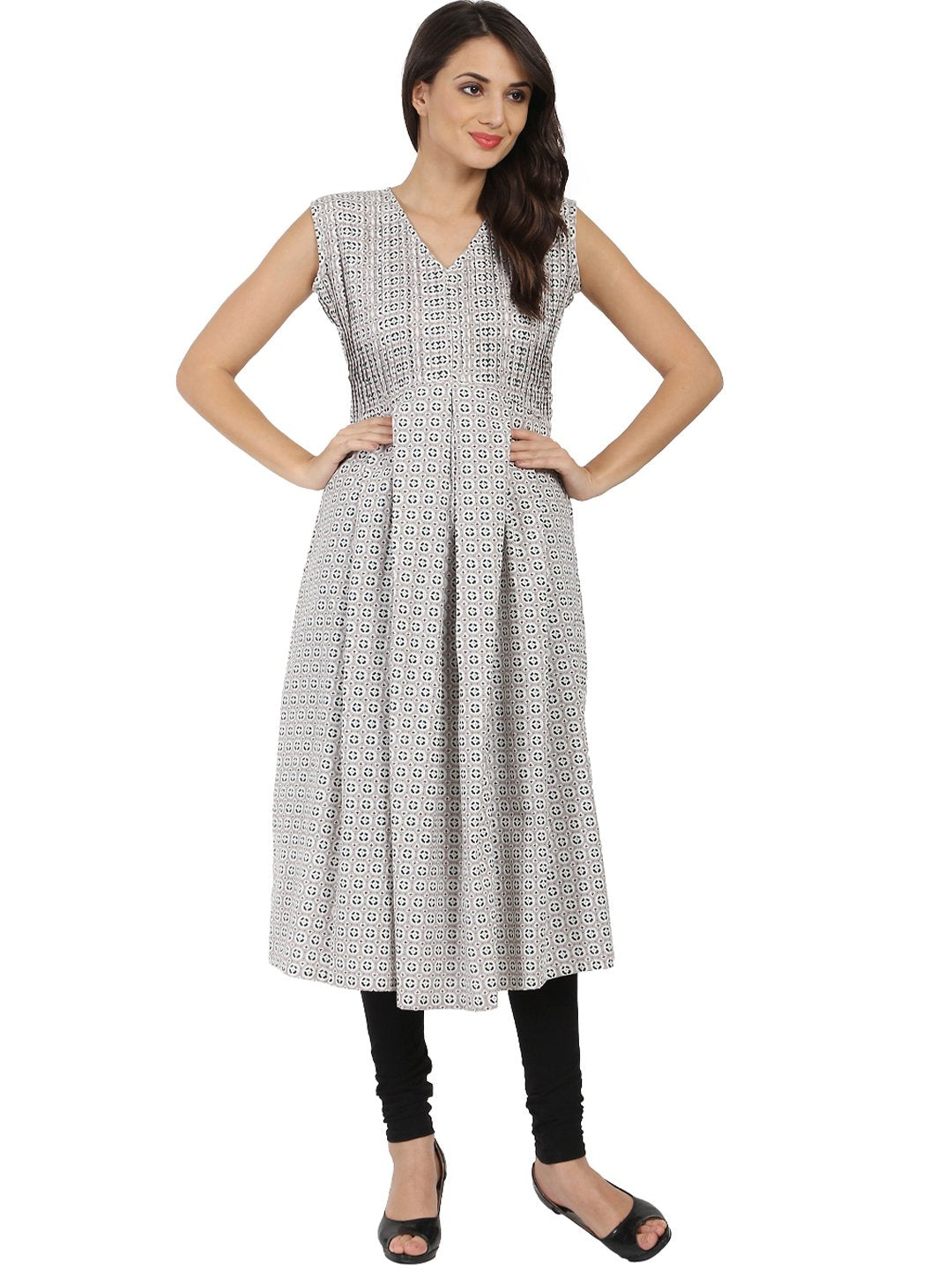 Grey Printed Sleeveless Cotton Anarkali Kurta | LASVINI - Redefining Indian Fashion with Elegance