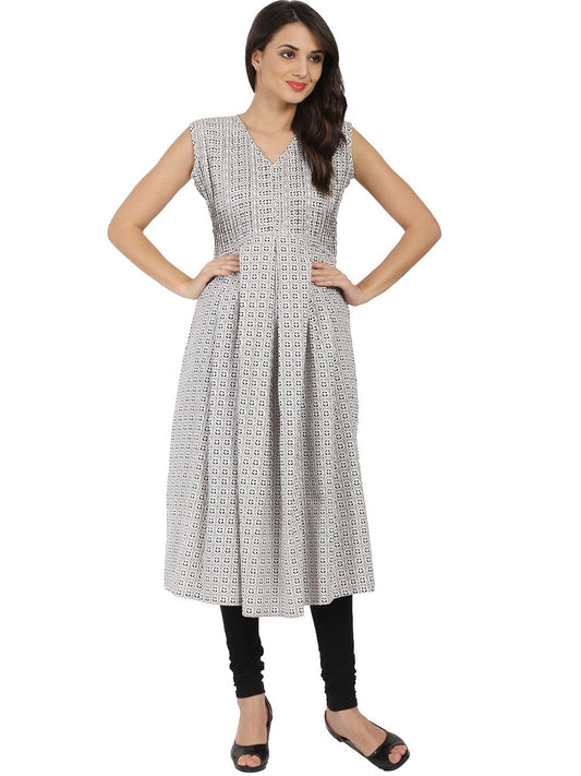 Grey Printed Sleeveless Cotton Anarkali Kurta | LASVINI - Redefining Indian Fashion with Elegance