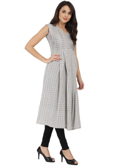 Grey Printed Sleeveless Cotton Anarkali Kurta | LASVINI - Redefining Indian Fashion with Elegance