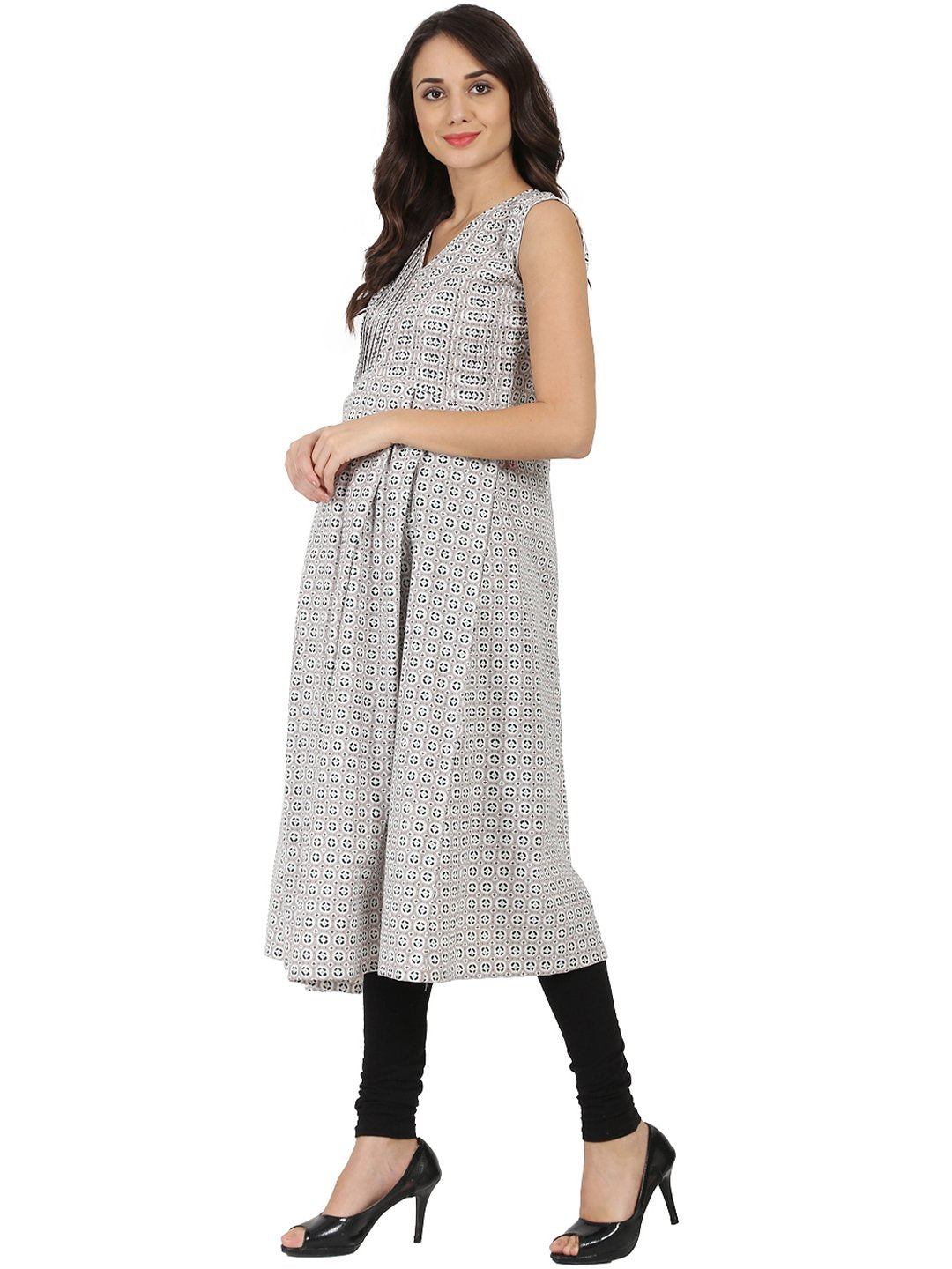 Grey Printed Sleeveless Cotton Anarkali Kurta | LASVINI - Redefining Indian Fashion with Elegance