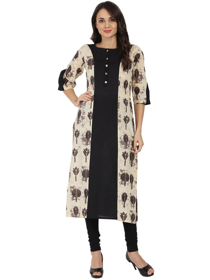 Black & Beige Printed 3/4Th Sleeve Cotton A-Line Kurta | LASVINI - Redefining Indian Fashion with Elegance