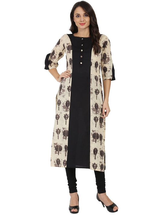 Black & Beige Printed 3/4Th Sleeve Cotton A-Line Kurta | LASVINI - Redefining Indian Fashion with Elegance