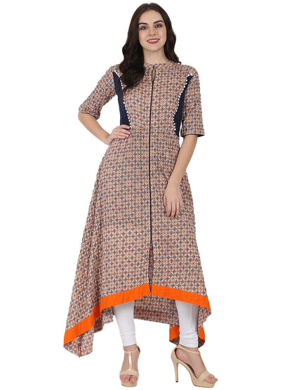Nude Printed Half Sleeve Cotton A-Line High Low Kurta | LASVINI - Redefining Indian Fashion with Elegance