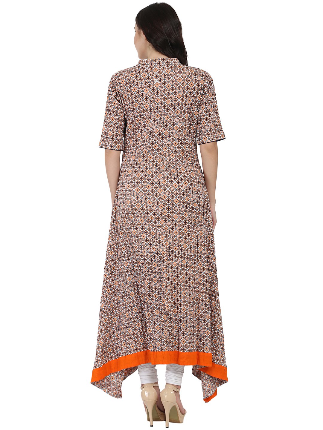 Nude Printed Half Sleeve Cotton A-Line High Low Kurta | LASVINI - Redefining Indian Fashion with Elegance