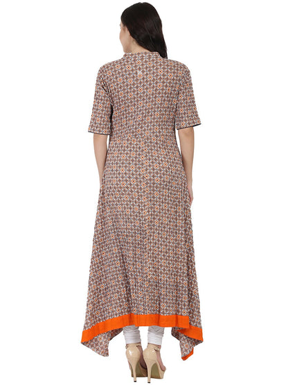 Nude Printed Half Sleeve Cotton A-Line High Low Kurta | LASVINI - Redefining Indian Fashion with Elegance