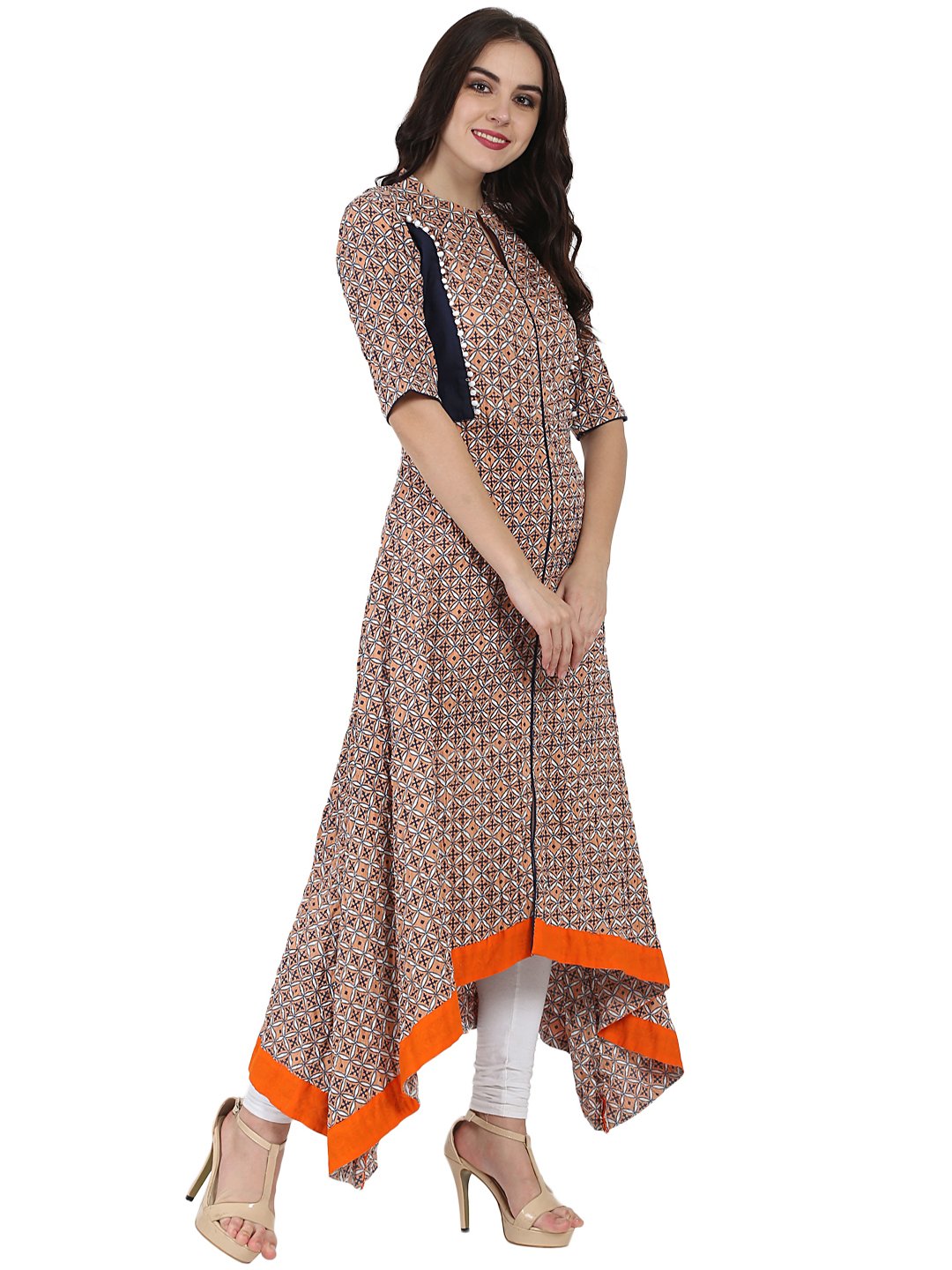 Nude Printed Half Sleeve Cotton A-Line High Low Kurta | LASVINI - Redefining Indian Fashion with Elegance