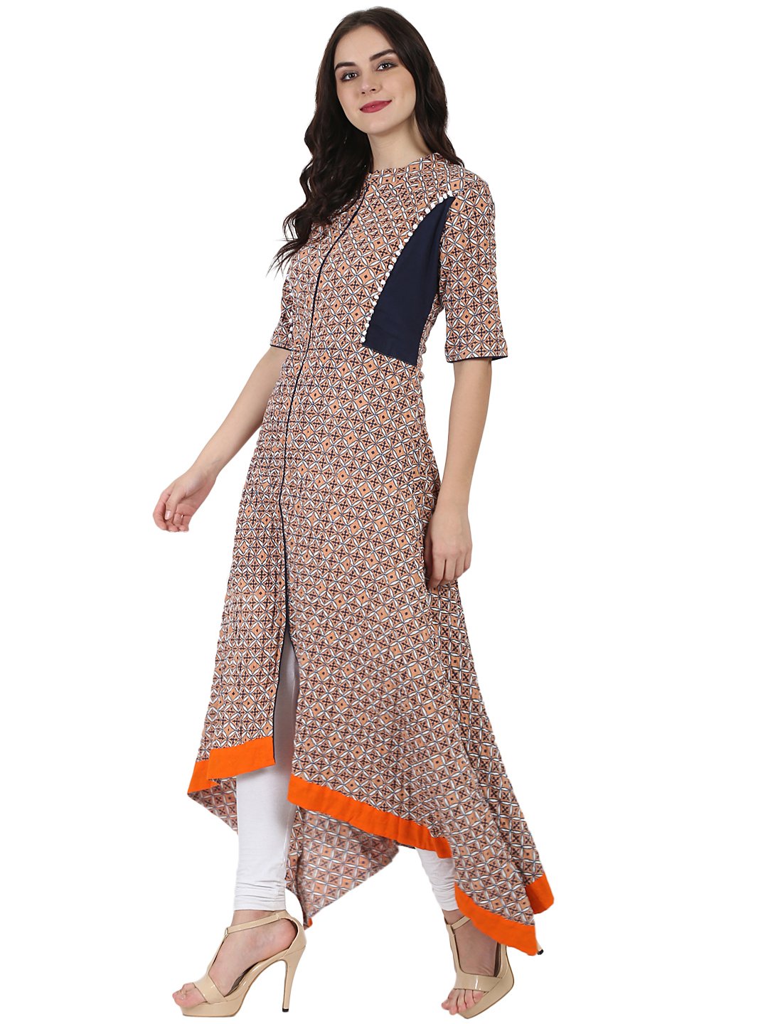 Nude Printed Half Sleeve Cotton A-Line High Low Kurta | LASVINI - Redefining Indian Fashion with Elegance