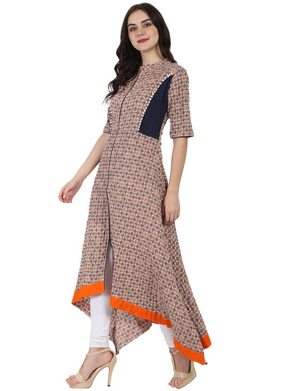 Nude Printed Half Sleeve Cotton A-Line High Low Kurta | LASVINI - Redefining Indian Fashion with Elegance
