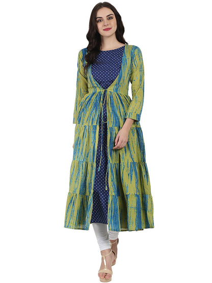 Blue Printed Cotton Kurta With Green Printed Full Sleeve Tiered Anarkali Shape Ankle Length Jacket | LASVINI - Redefining Indian Fashion with Elegance