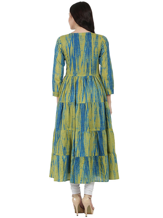 Blue Printed Cotton Kurta With Green Printed Full Sleeve Tiered Anarkali Shape Ankle Length Jacket | LASVINI - Redefining Indian Fashion with Elegance
