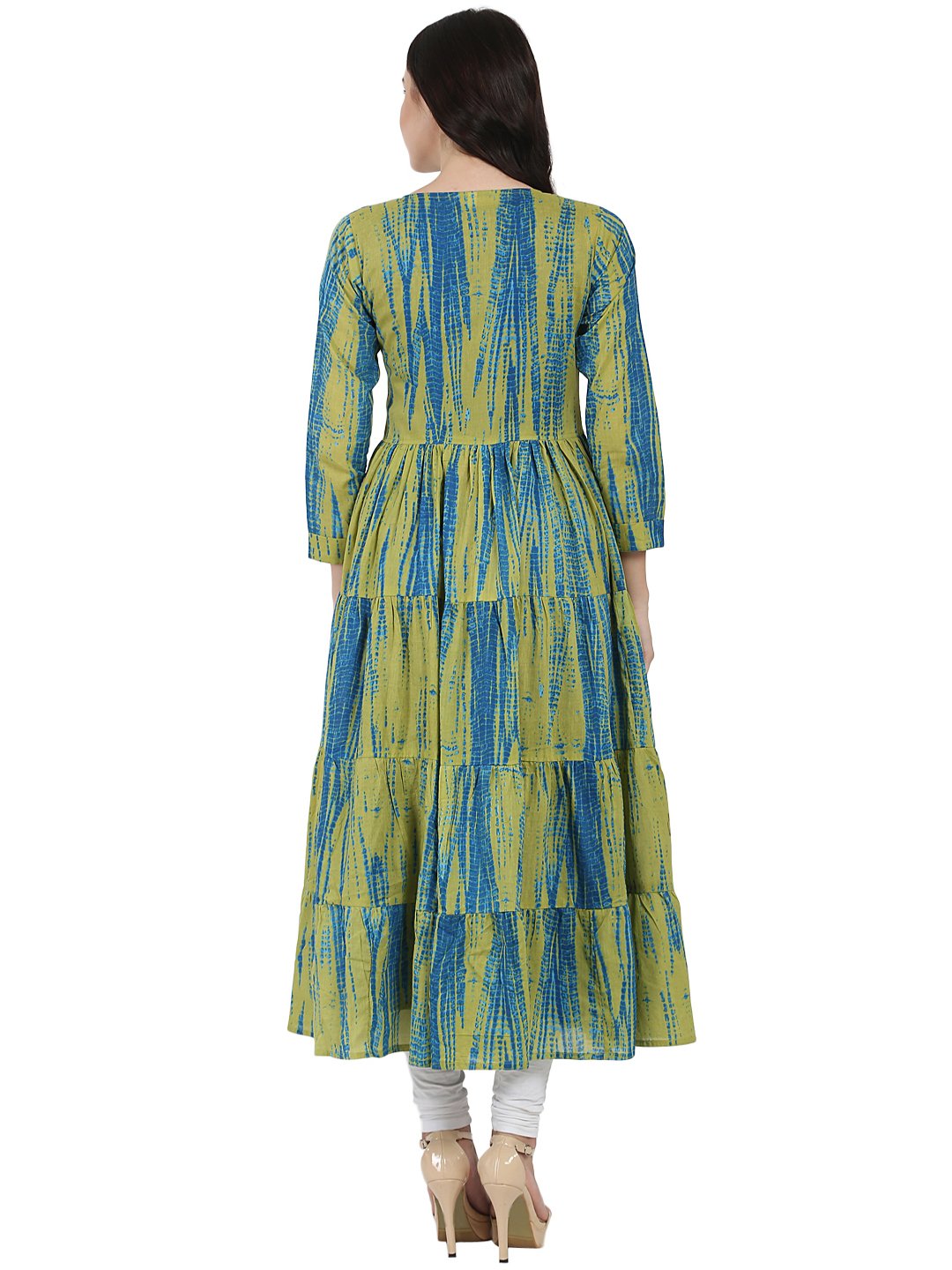 Blue Printed Cotton Kurta With Green Printed Full Sleeve Tiered Anarkali Shape Ankle Length Jacket | LASVINI - Redefining Indian Fashion with Elegance