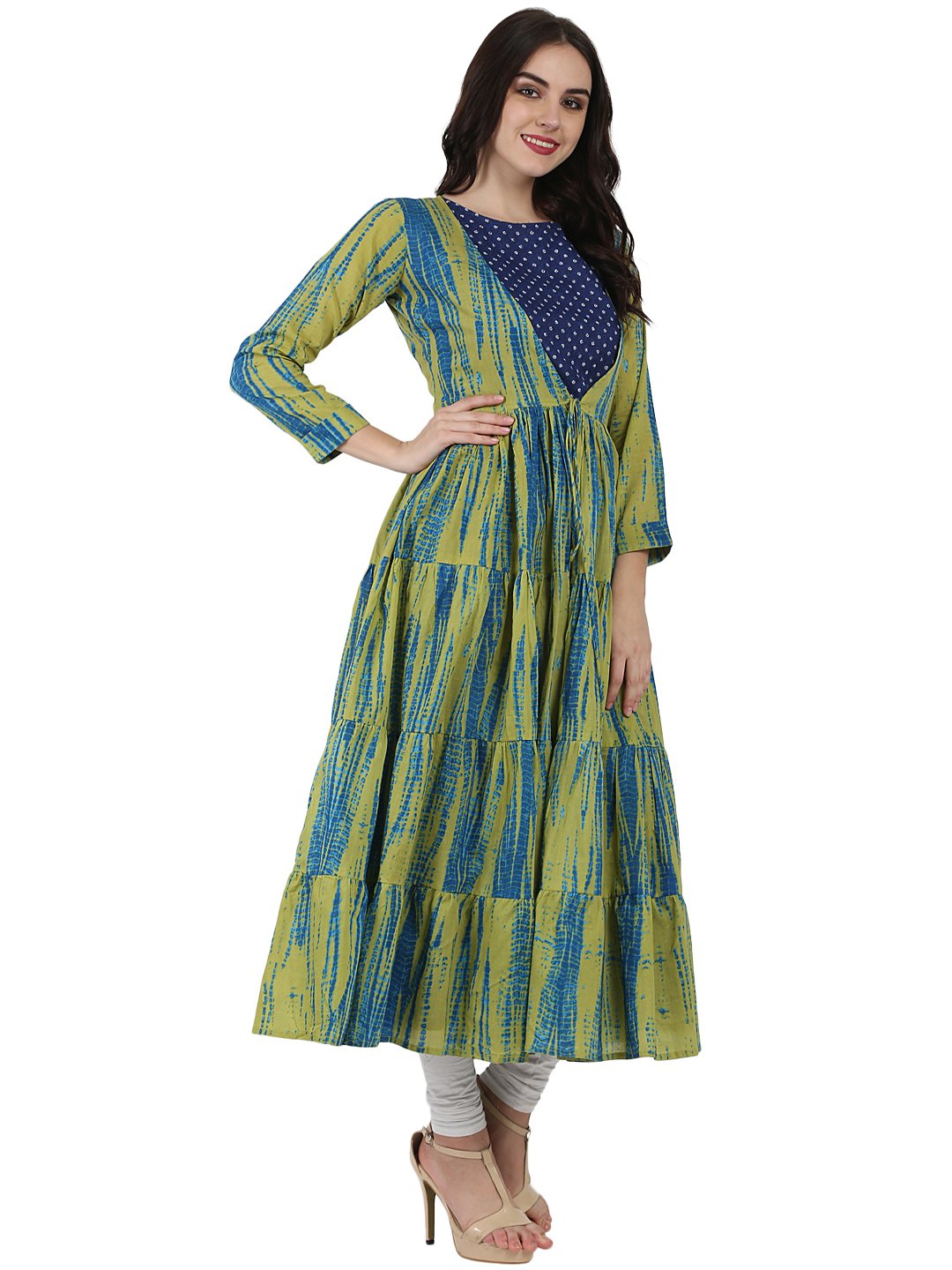 Blue Printed Cotton Kurta With Green Printed Full Sleeve Tiered Anarkali Shape Ankle Length Jacket | LASVINI - Redefining Indian Fashion with Elegance