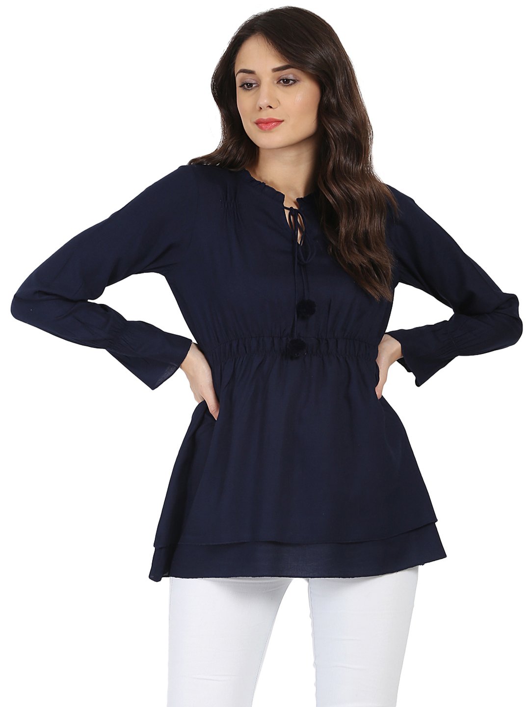 Blue Full Sleeve Rayon Tunic With Dori & Latkan Work At Yoke | LASVINI - Redefining Indian Fashion with Elegance