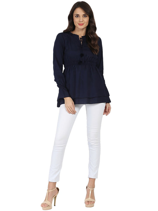 Blue Full Sleeve Rayon Tunic With Dori & Latkan Work At Yoke | LASVINI - Redefining Indian Fashion with Elegance