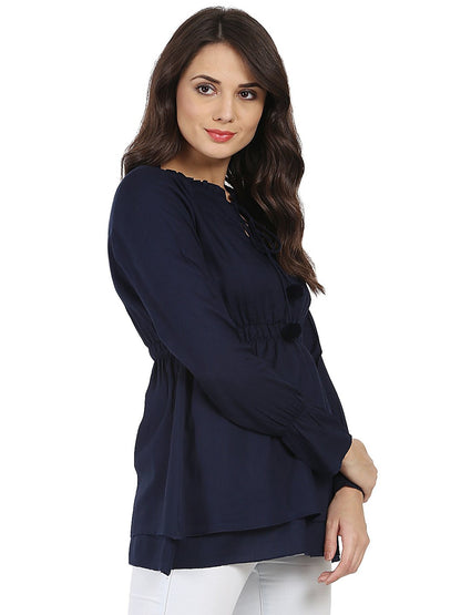 Blue Full Sleeve Rayon Tunic With Dori & Latkan Work At Yoke | LASVINI - Redefining Indian Fashion with Elegance
