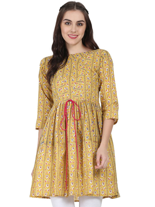 Yellow Printed 3/4Th Sleeve Cotton Cropped Anarkali Kurta | LASVINI - Redefining Indian Fashion with Elegance