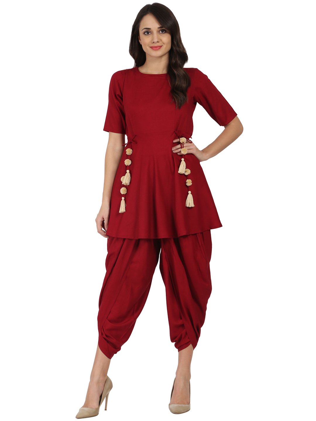 Maroon Half Sleeve Rayon A-Line Kurta With Red Pleated Dhoti | LASVINI - Redefining Indian Fashion with Elegance