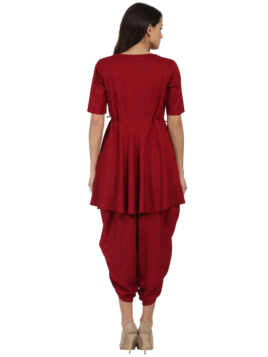 Maroon Half Sleeve Rayon A-Line Kurta With Red Pleated Dhoti | LASVINI - Redefining Indian Fashion with Elegance