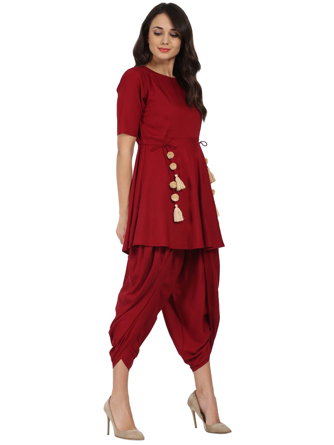 Maroon Half Sleeve Rayon A-Line Kurta With Red Pleated Dhoti | LASVINI - Redefining Indian Fashion with Elegance