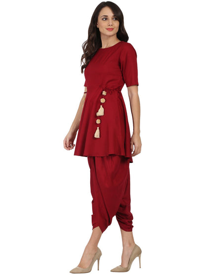 Maroon Half Sleeve Rayon A-Line Kurta With Red Pleated Dhoti | LASVINI - Redefining Indian Fashion with Elegance