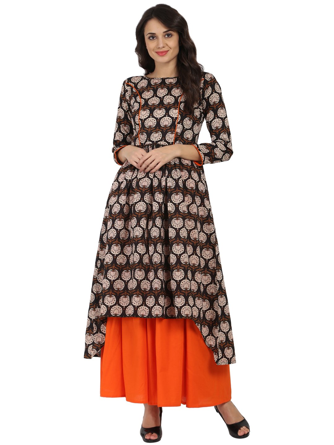 Brown Printed 3/4Th Sleeve Cotton A-Line Kurta With Orange Flared Skirt | LASVINI - Redefining Indian Fashion with Elegance
