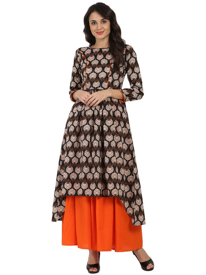 Brown Printed 3/4Th Sleeve Cotton A-Line Kurta With Orange Flared Skirt | LASVINI - Redefining Indian Fashion with Elegance