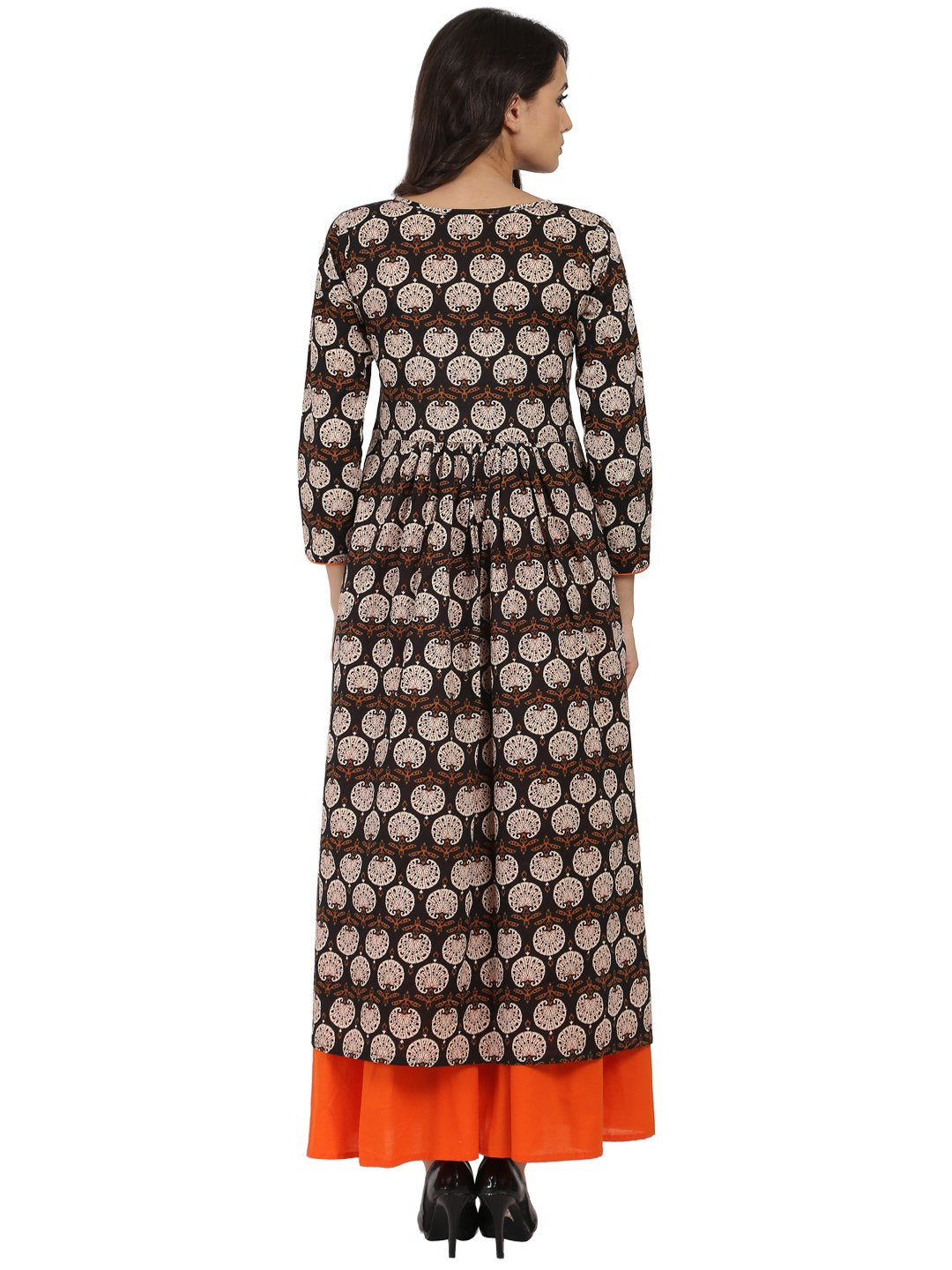 Brown Printed 3/4Th Sleeve Cotton A-Line Kurta With Orange Flared Skirt | LASVINI - Redefining Indian Fashion with Elegance