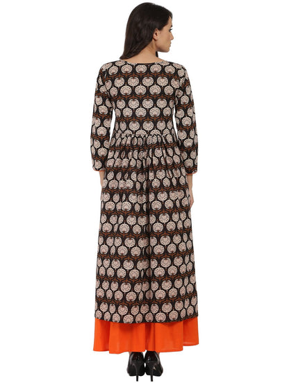 Brown Printed 3/4Th Sleeve Cotton A-Line Kurta With Orange Flared Skirt | LASVINI - Redefining Indian Fashion with Elegance
