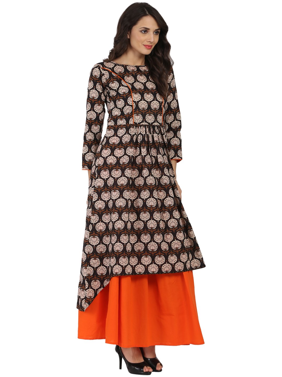 Brown Printed 3/4Th Sleeve Cotton A-Line Kurta With Orange Flared Skirt | LASVINI - Redefining Indian Fashion with Elegance