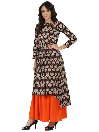 Brown Printed 3/4Th Sleeve Cotton A-Line Kurta With Orange Flared Skirt | LASVINI - Redefining Indian Fashion with Elegance