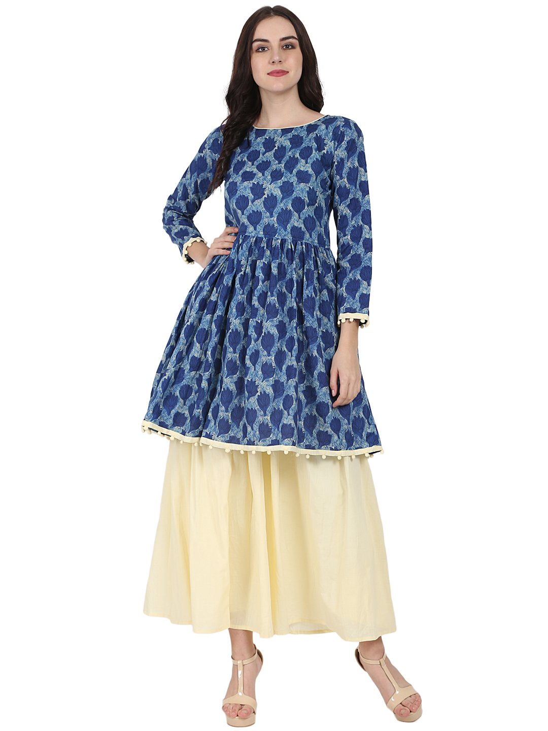 Blue Printed 3/4Th Sleeve Cotton Anarkali Kurta With Beige Flared Skirt | LASVINI - Redefining Indian Fashion with Elegance