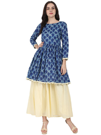 Blue Printed 3/4Th Sleeve Cotton Anarkali Kurta With Beige Flared Skirt | LASVINI - Redefining Indian Fashion with Elegance