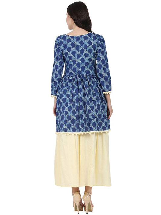 Blue Printed 3/4Th Sleeve Cotton Anarkali Kurta With Beige Flared Skirt | LASVINI - Redefining Indian Fashion with Elegance