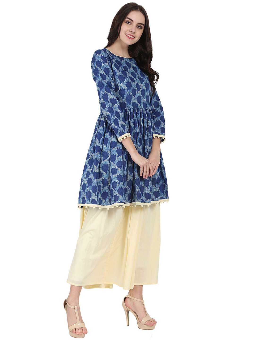 Blue Printed 3/4Th Sleeve Cotton Anarkali Kurta With Beige Flared Skirt | LASVINI - Redefining Indian Fashion with Elegance