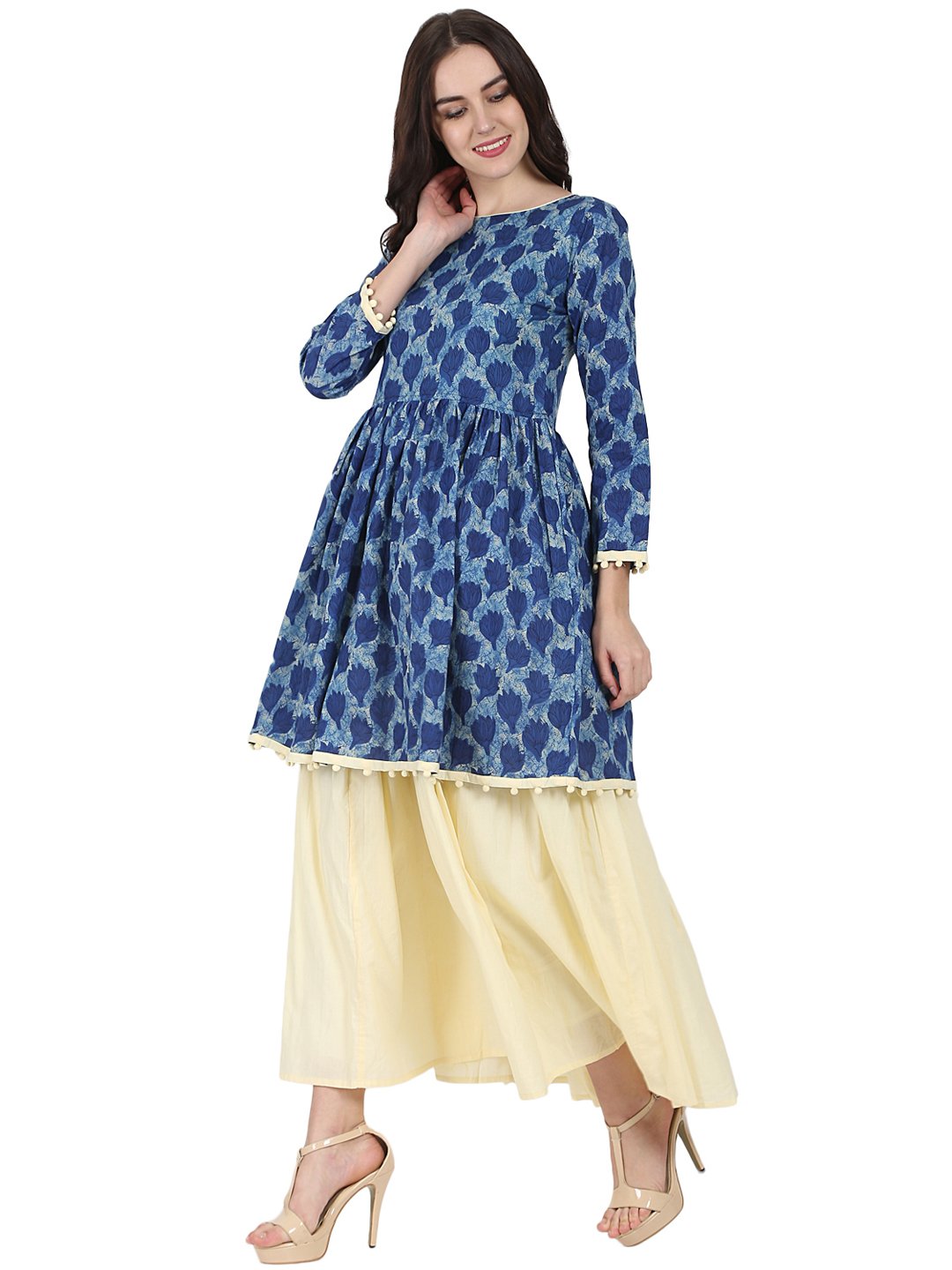 Blue Printed 3/4Th Sleeve Cotton Anarkali Kurta With Beige Flared Skirt | LASVINI - Redefining Indian Fashion with Elegance