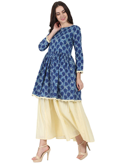 Blue Printed 3/4Th Sleeve Cotton Anarkali Kurta With Beige Flared Skirt | LASVINI - Redefining Indian Fashion with Elegance