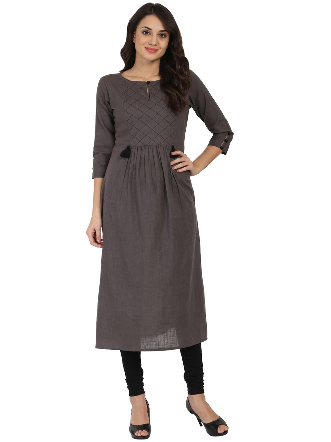 Grey 3/4Th Sleeve Cotton Slub Anarkali Kurta | LASVINI - Redefining Indian Fashion with Elegance