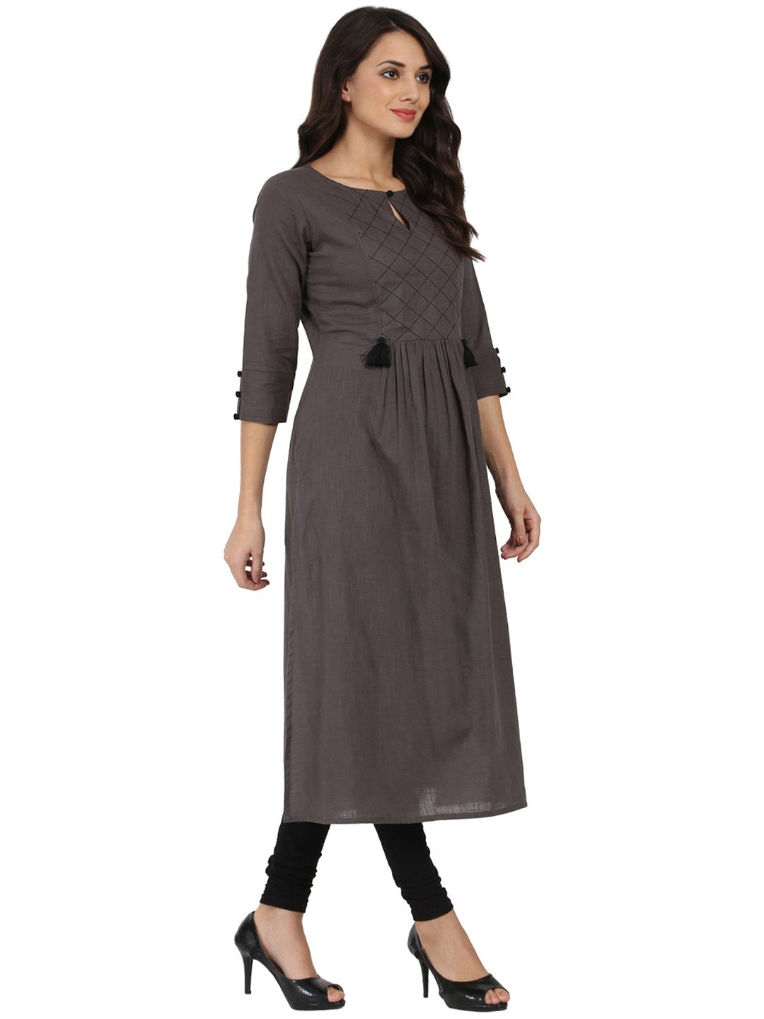 Grey 3/4Th Sleeve Cotton Slub Anarkali Kurta | LASVINI - Redefining Indian Fashion with Elegance