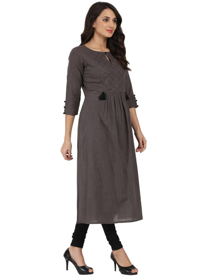 Grey 3/4Th Sleeve Cotton Slub Anarkali Kurta | LASVINI - Redefining Indian Fashion with Elegance