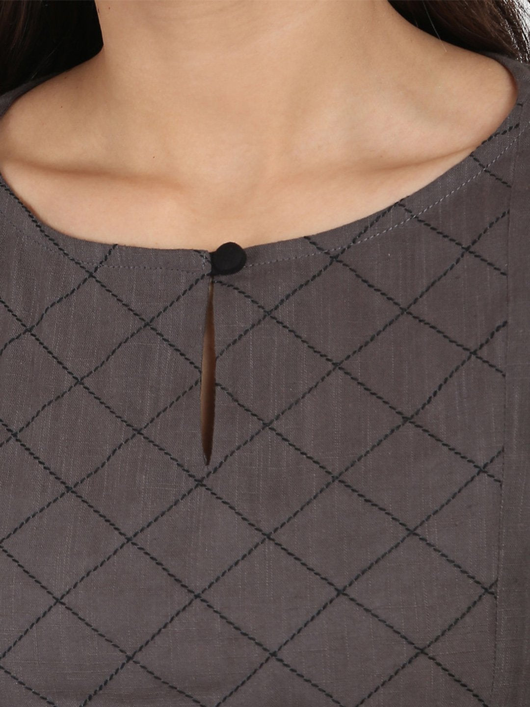 Grey 3/4Th Sleeve Cotton Slub Anarkali Kurta | LASVINI - Redefining Indian Fashion with Elegance